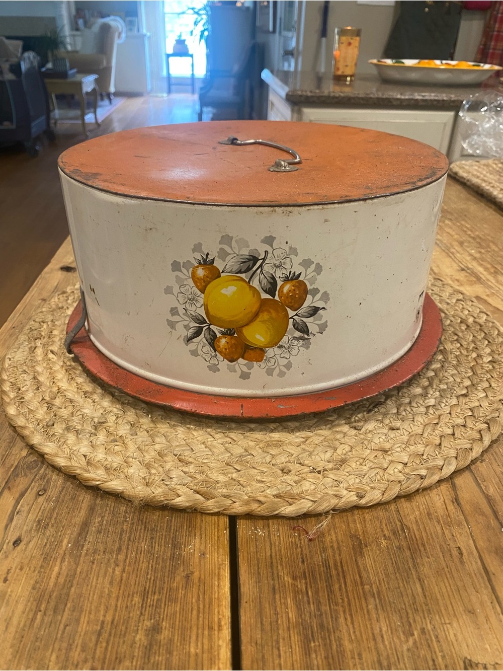 Vintage Decoware Metal Cake Tin with Orange Fruit Motif - White & Orange